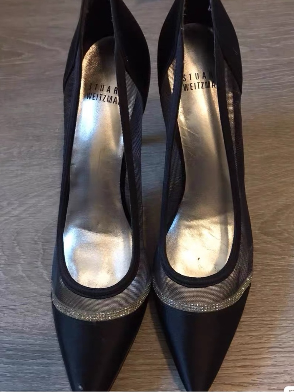 Stuart Weitzman Black Pointed Satin Pump with Metallic Trim